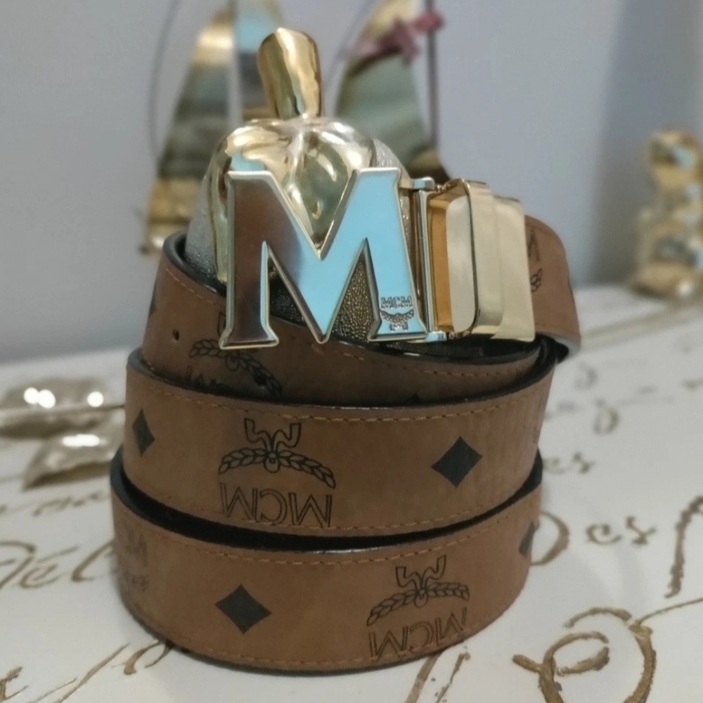 MCM (Unisex) Claus Monogram Reversible Logo Belt Black/ Cognac Brown - Picture 2 of 11